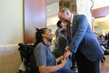 Alabama Governor Robert Bentley tours United Cerebal Palsey of Birmingham before announcing a statewide employment summit for Alabamians with disabilities. The Governor’s Summit on Disability Employment, scheduled for October 2016, is designed to connect companies with individuals with disabilities who are unemployed or under employed despite their ability, desire, and willingness to work. Friday, May 13, 2016. (Governor's Office, Daniel Sparkman)