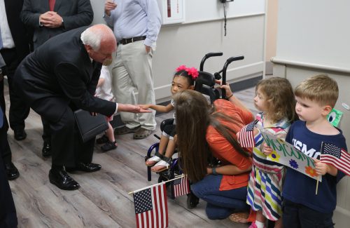 Alabama Commissioner of Mental Health Jim Perdue joins Governor Bentley on a tour of the children's area of United Cerebal Palsey of Birmingham before announcing a statewide employment summit for Alabamians with disabilities. Friday, May 13, 2016. (Governor's Office, Daniel Sparkman)