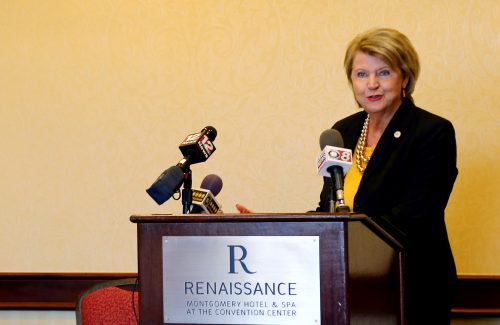 Alabama Department of Human Resources Commissioner Nancy Buckner introduces Alabama Gov. Robert Bentley at a meeting of child welfare leaders from 20 rural states in Montgomery, Friday, Sept. 4, 2015. The Alabama Department of Human Resources and the Casey Family Programs hosted the meeting. (Governor's Office, Jamie Martin)
