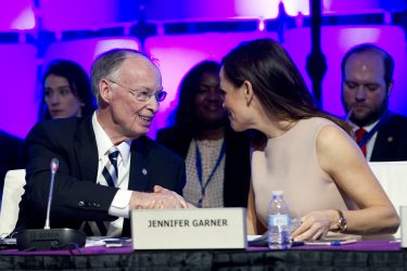 Alabama Gov. Robert Bentley and actress Jennifer Garner shake hands at the National Governors Association (NGA) Winter Meeting in Washington, Saturday, Feb. 25, 2017. Gov. Bentley, this year's Chair of the NGA Education and Workforce Committee, has long been an advocate of early education and has greatly expanded Alabama's high quality First Class Pre-K program. Jennifer Garner is involved with the childrenÕs education nonprofit organization Save the Children. (Photo by Jose Luis Magana for the Alabama Governor's Office)
